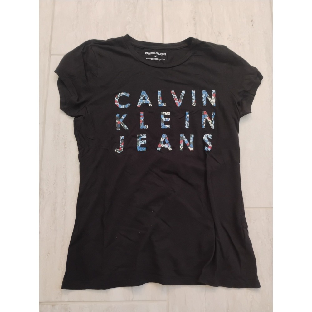 Calvin Klein Jeans Womens T Shirt Medium Black Floral Logo Short Sleeve Cotton